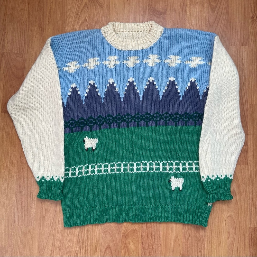 Vintage Sheep on Farm Distressed Knitted Sweater Size Men’s Small